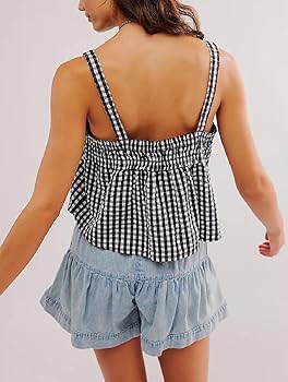 Women Y2K Gingham Tank Top Plaid Spaghetti Strap Peplum